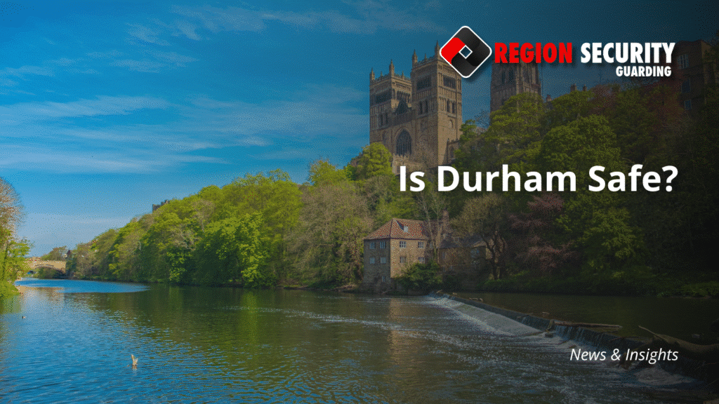 Photo of a lake in Durham, with a bright blue sky and a view of a cathedral. Text on image asks Is Durham Safe?