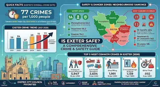 Is Exeter Safe infographic showing Exeter crime rate of 77 crimes per 1,000 people, safest areas including Pennsylvania, Heavitree and Exwick, highest crime areas, crime trends from 2021 to 2026, and the most common crimes in Exeter including violence, anti-social behaviour and shoplifting.