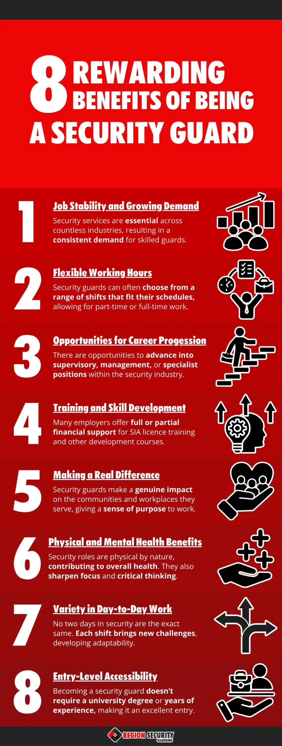 A red infographic with 8 steps, covering the 8 benefits of being a security guard
