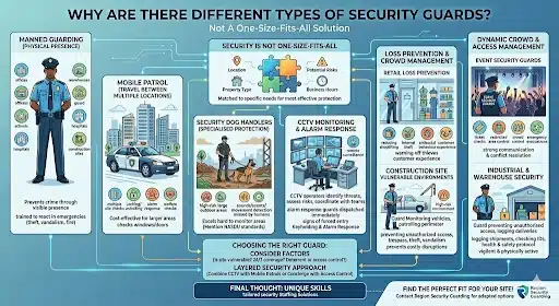 Different Types Of Security Guards infographic covering manned guarding, mobile patrols, CCTV monitoring, retail security, event security, and dog handlers