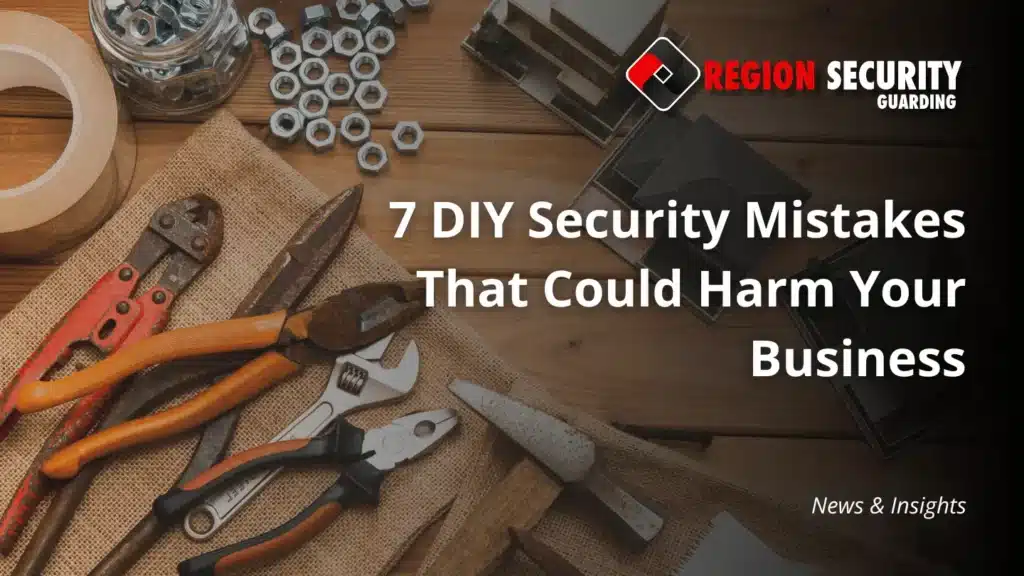 DIY tools laid out on a table, with a text overlay that says "7 DIY Security Mistakes That Could Harm Your Business"