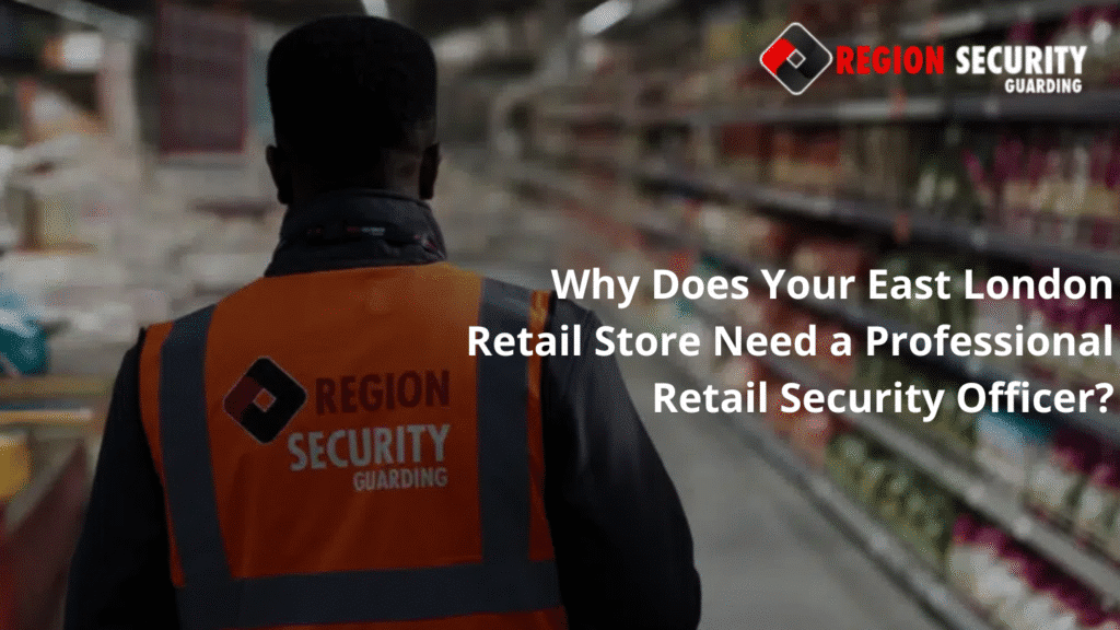 Retail security officer in a high-visibility vest patrolling an East London supermarket aisle