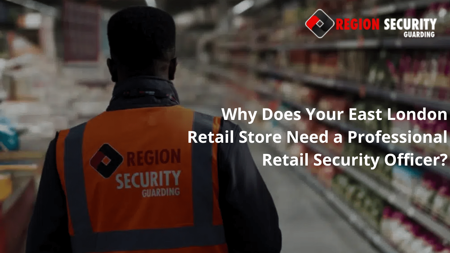Retail security officer in a high-visibility vest patrolling an East London supermarket aisle