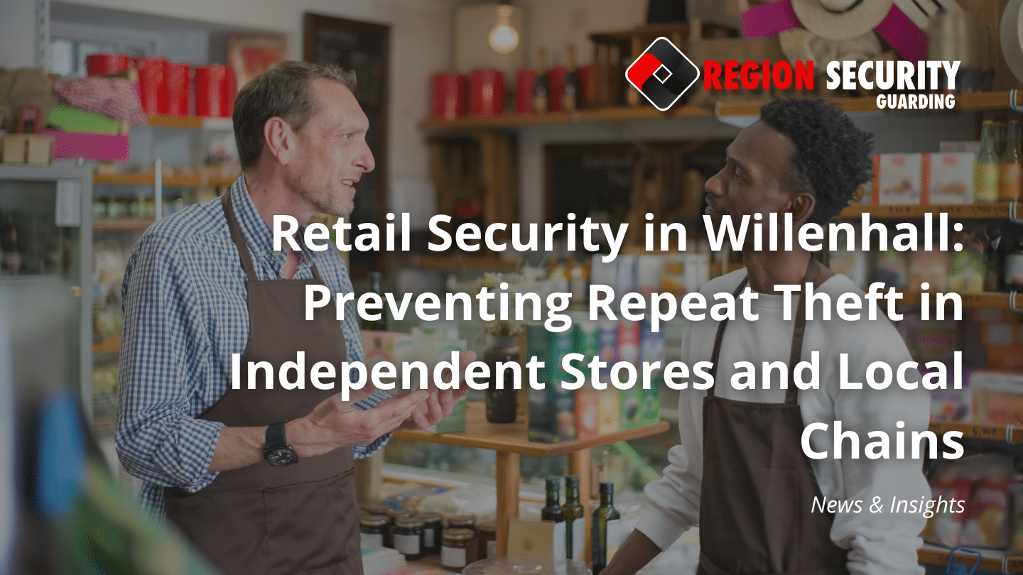 Image of concerned retail owner talking to staff member. Region Security Guarding logo top right with blog title: Retail Security in Willenhall: Preventing Repeat Theft in Independent Stores and Local Chains displayed in text.