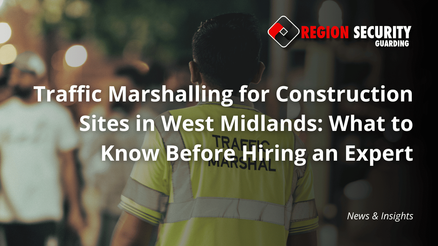 A traffic marshal directing pedestrians, with a text overlay that says "Traffic Marshalling for Construction Sites in West Midlands: What to Know Before Hiring an Expert"