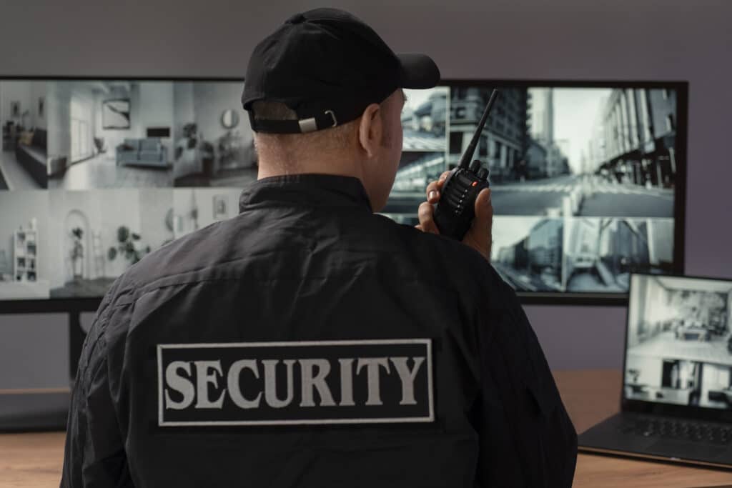 A retail security officer monitoring multiple CCTV camera feeds on screens while communicating via two-way radio in a control room.