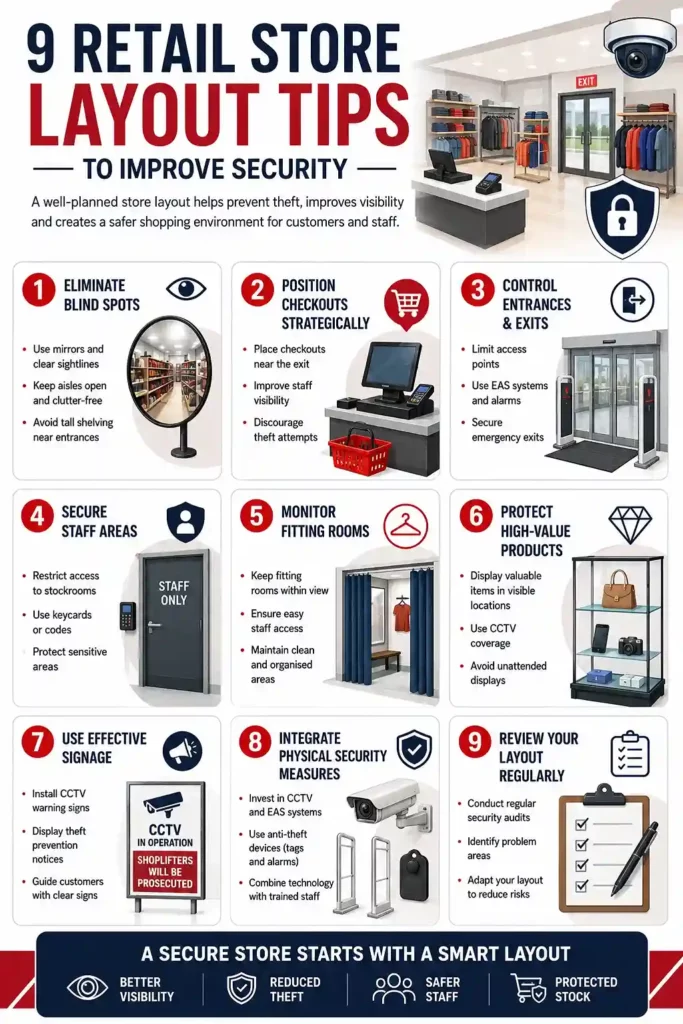 Infographic showing nine retail store layout strategies to reduce theft and improve security.