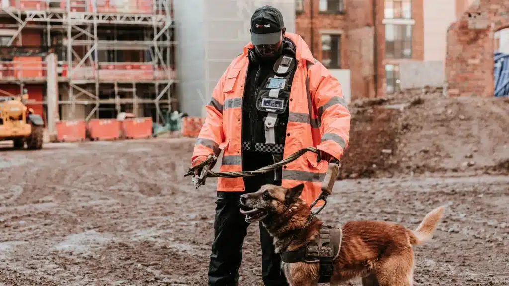 A security dog handler from Region Security Guarding, a trusted Castle Donington security company, stands with their K9 unit by a secured site gate.
