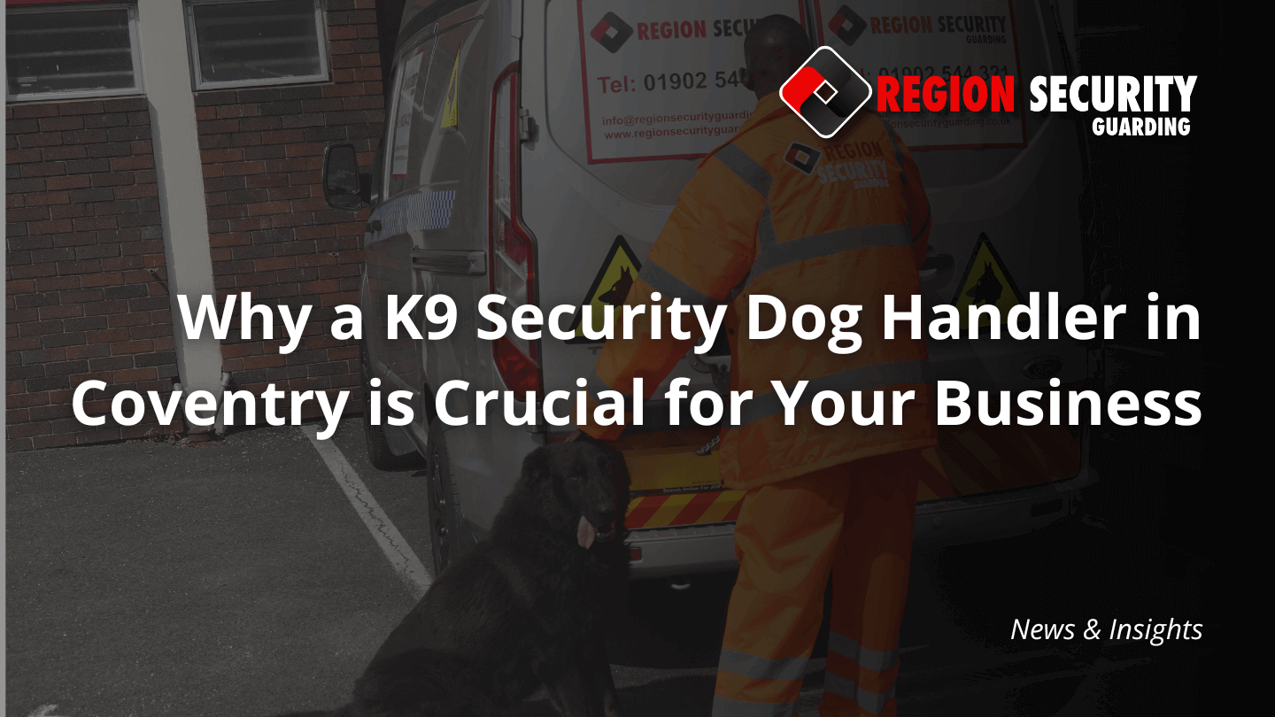 A security dog handler in Coventry from Region Security Guarding stands with their K9 partner next to a branded security van