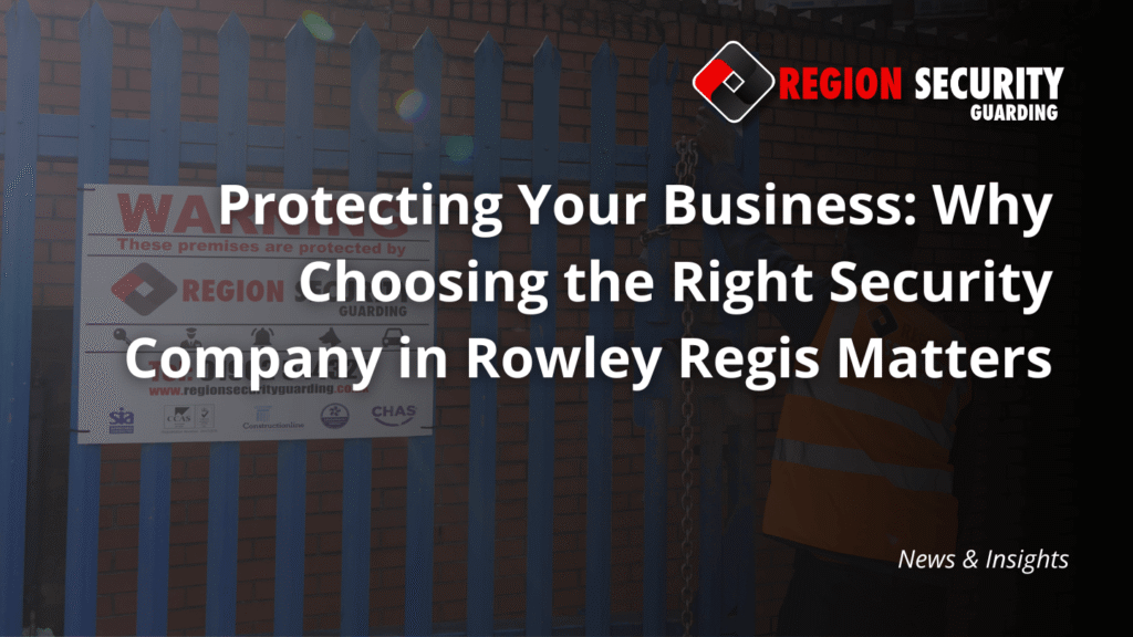 A security guard at a blue gate with a warning sign, symbolising our security company in Rowley Regis