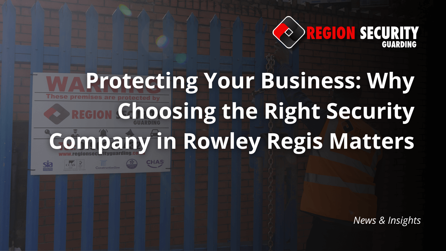 A security guard at a blue gate with a warning sign, symbolising our security company in Rowley Regis