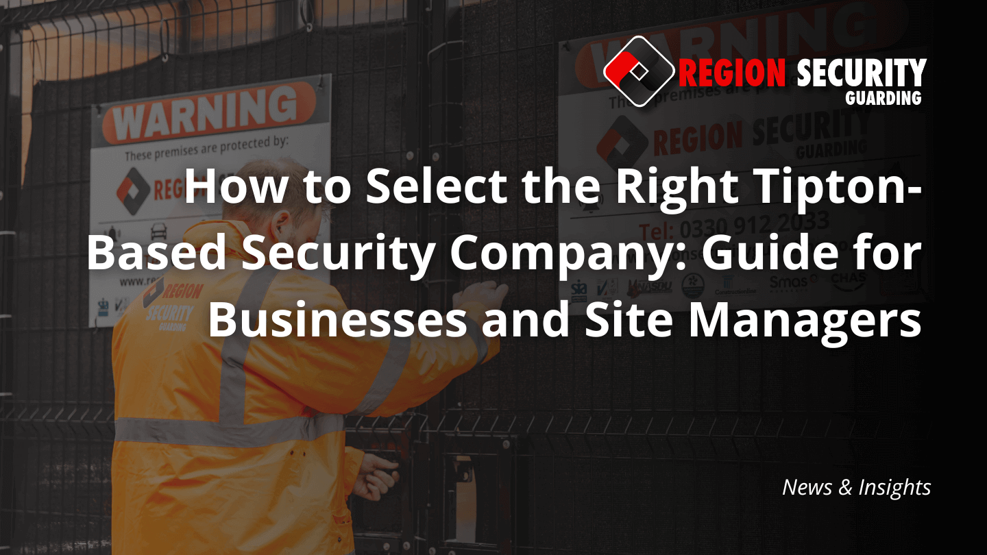 A security guard in an orange high-visibility jacket is seen at a secured fence with warning signs, representing a Tipton-based security company