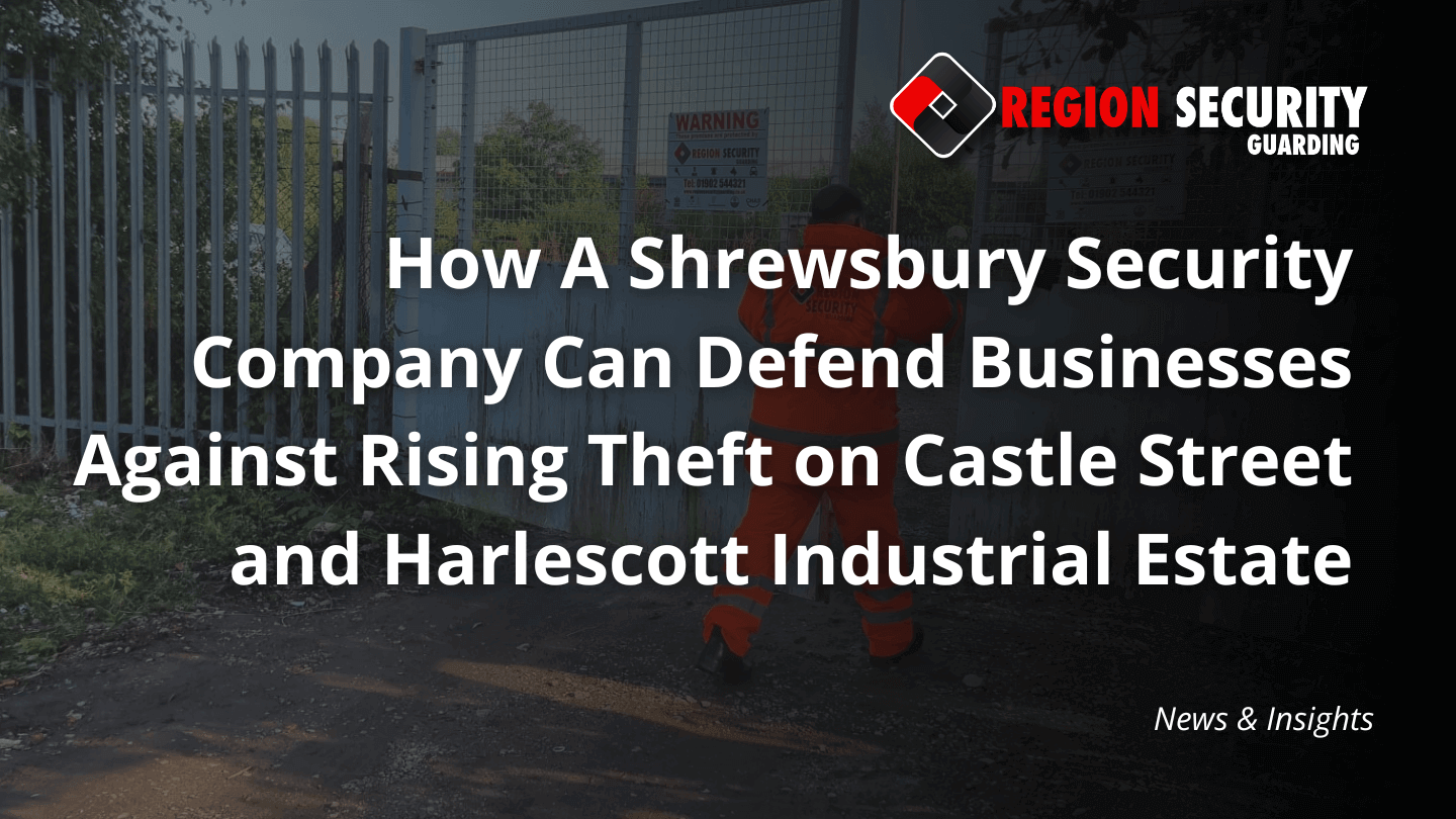 A security guard is seen securing a metal gate with a warning sign, representing our Shrewsbury security company.