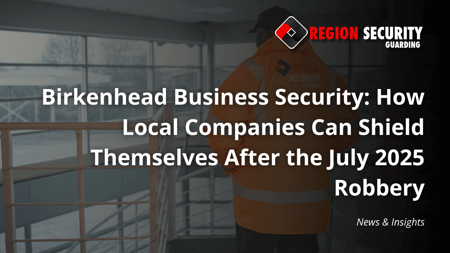 A security guard, seen from behind, stands watch in a commercial building, symbolising Birkenhead business security