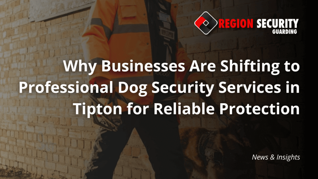 An attentive security dog with a handler from Region Security Guarding, representing dog security services in Tipton