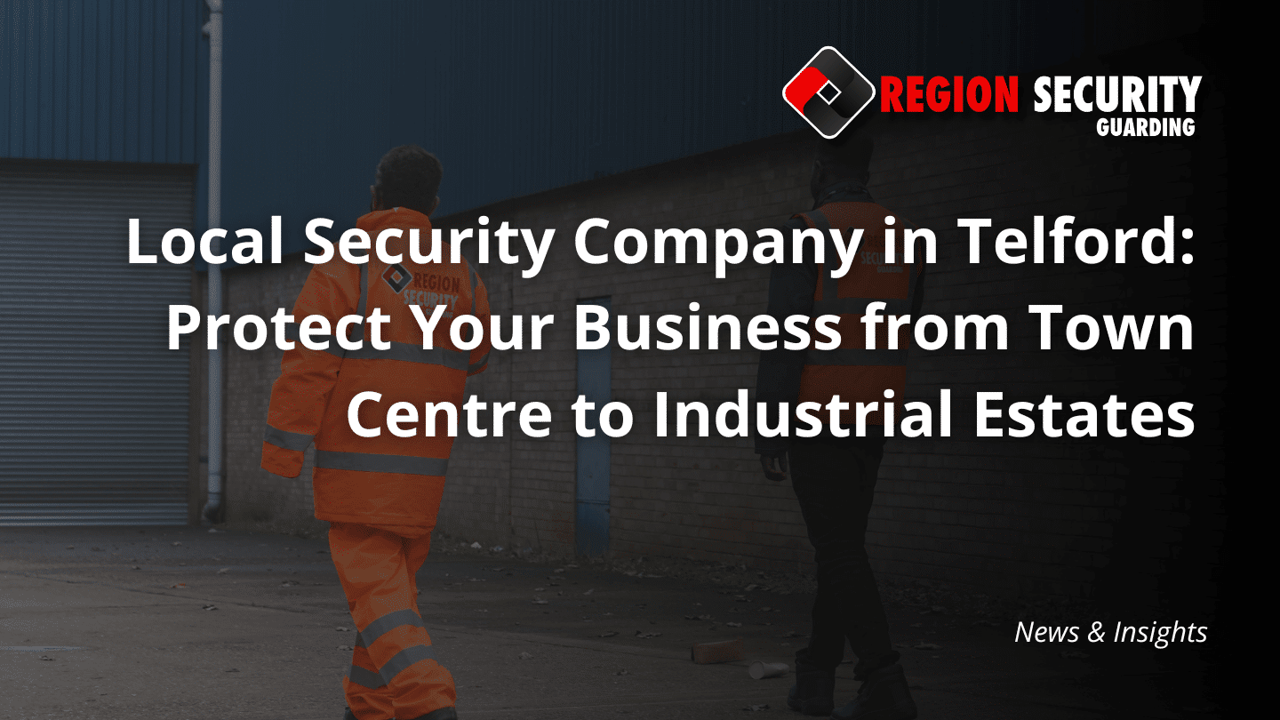An industrial area is being patrolled by two security guards from our local security company in Telford, wearing high-visibility jackets.