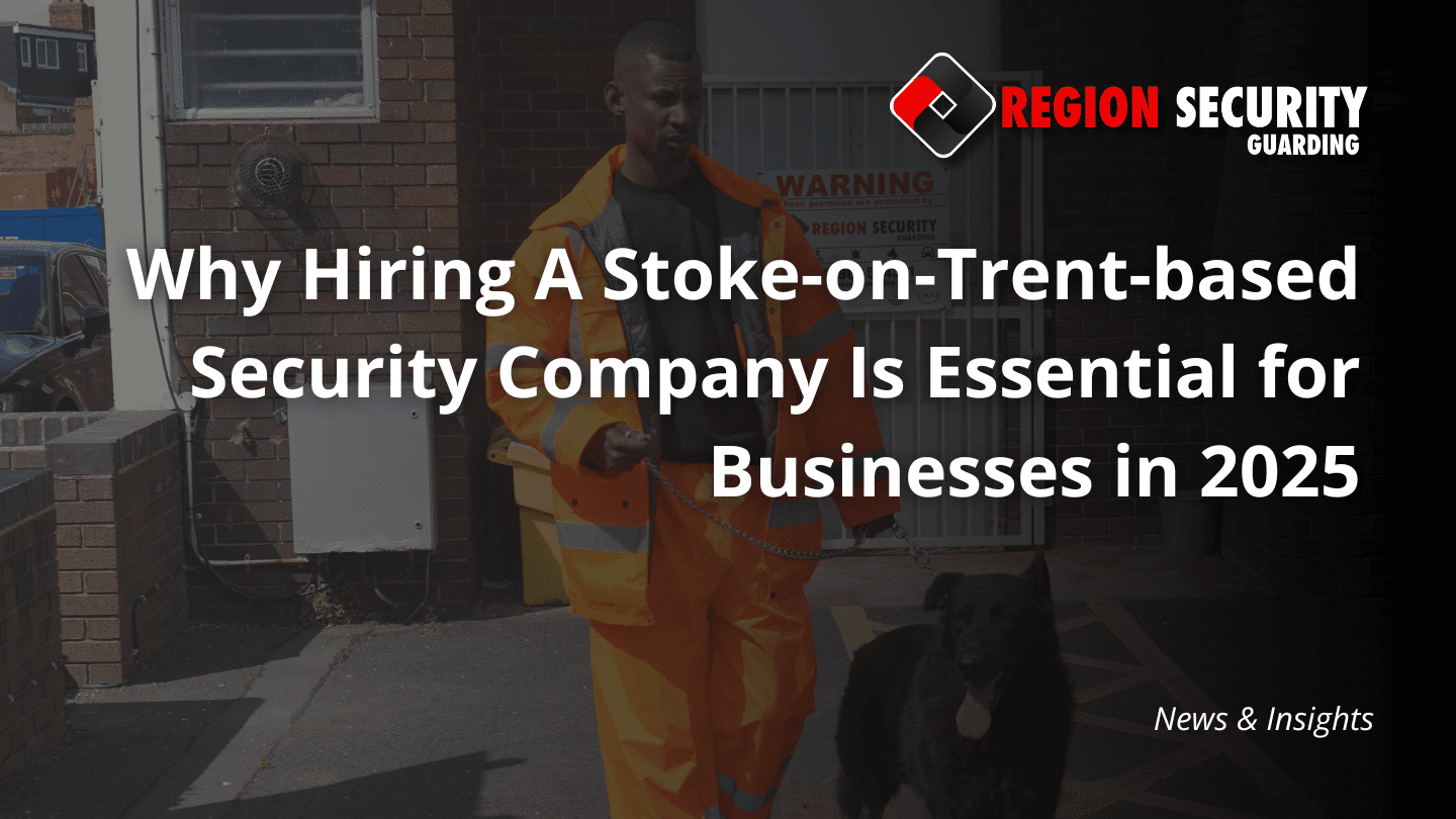 Our guard with a K9 dog stands near a secured entrance, representing our Stoke-on-Trent-based security company