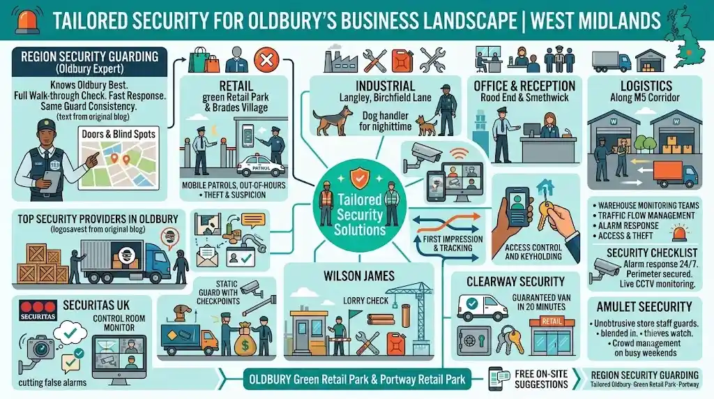Best security partner in Oldbury. The infographic shows Region Security Guarding, Securitas, Wilson James, Clearway, and Amulet with tailored services for retail, industrial, office, and logistics.