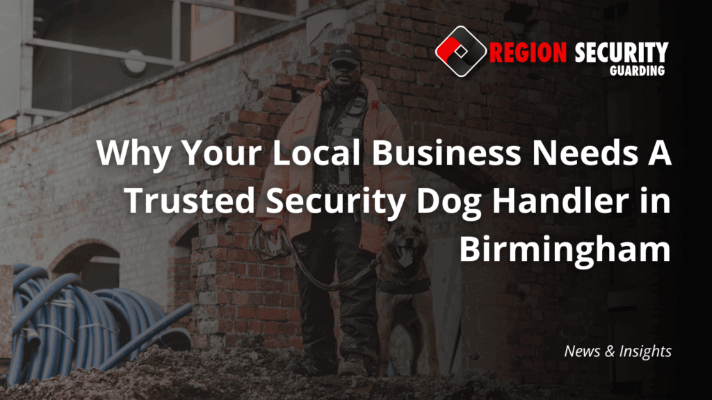 Security dog handler in Birmingham on patrol, offering professional dog security services