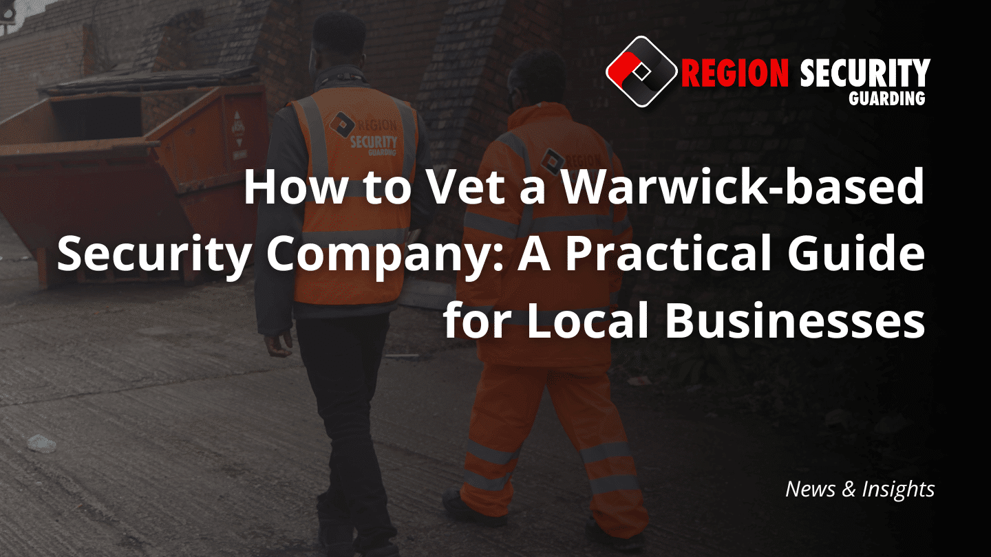 Two of our security guards in high-visibility vests walk on a site, representing our Warwick-based security company
