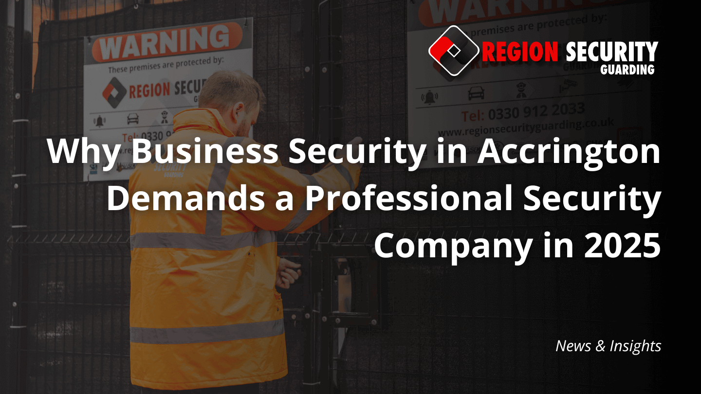 A guard from a provider of business security in Accrington is on duty, locking a gate to secure a business premises.