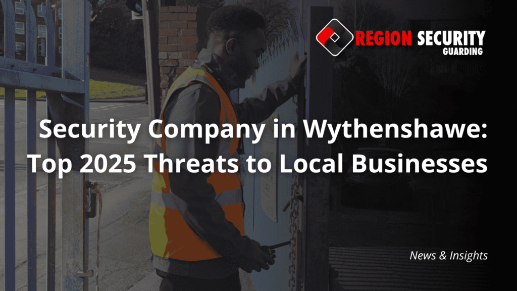 A guard from a security company in Wythenshawe is shown on duty, locking a gate to secure a business premises