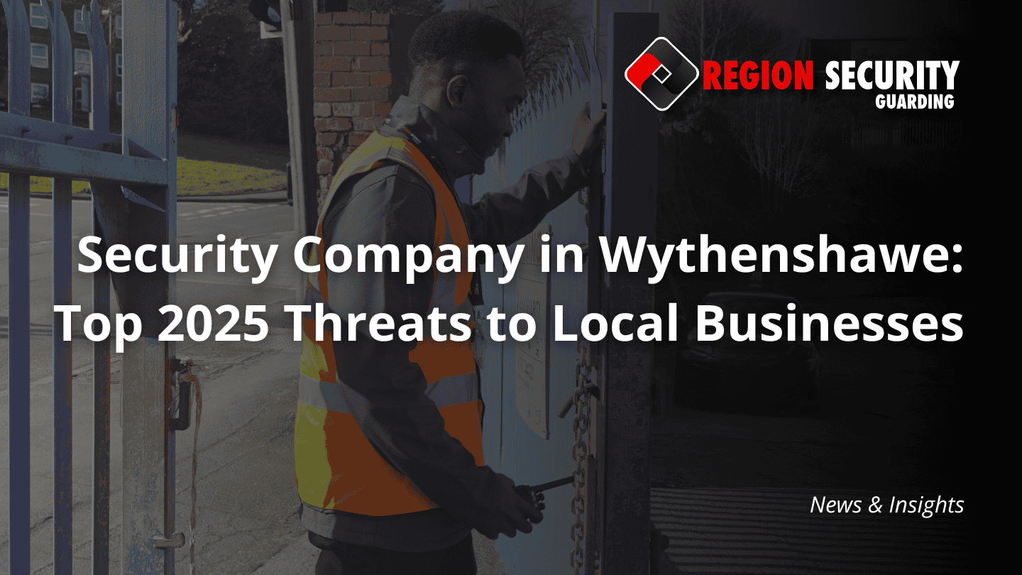 A guard from a security company in Wythenshawe is shown on duty, locking a gate to secure a business premises