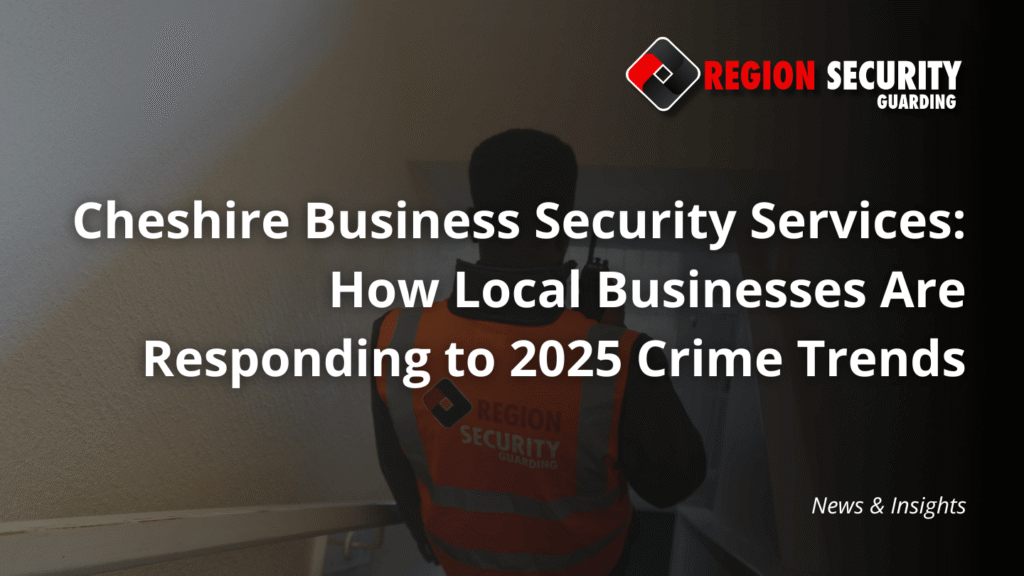 A guard providing Cheshire business security services is on patrol with a walkie-talkie in a commercial building