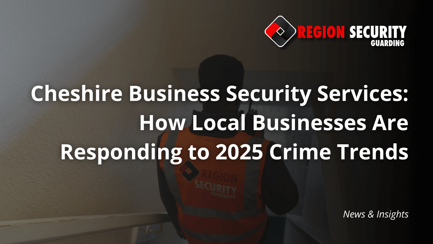 A guard providing Cheshire business security services is on patrol with a walkie-talkie in a commercial building