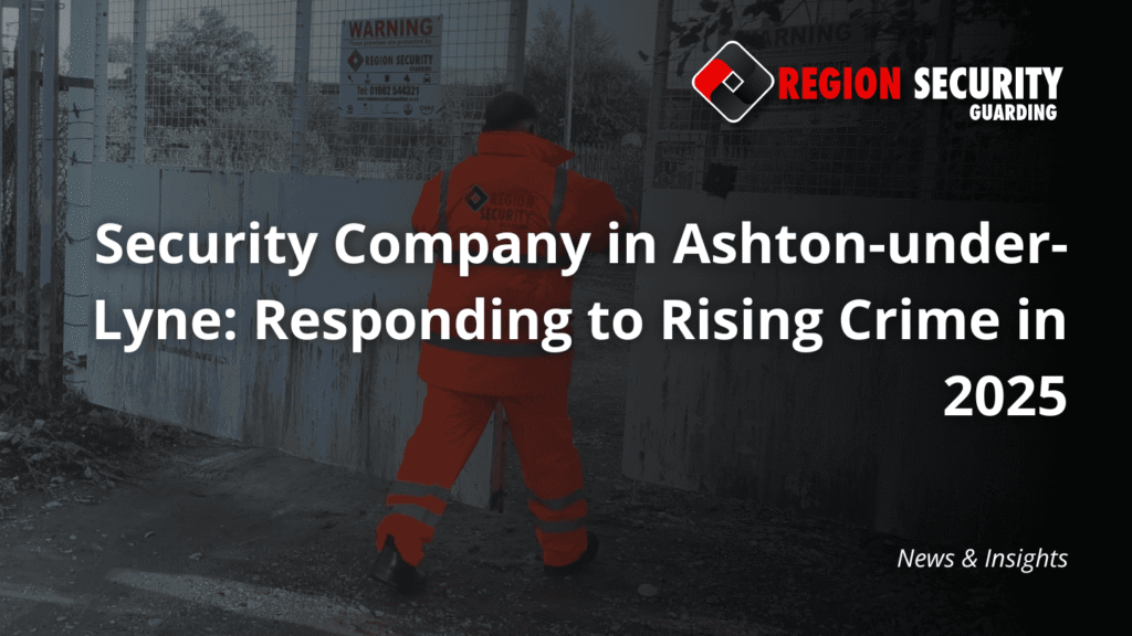 A professional from a security company in Ashton-under-Lyne is shown from behind, closing a metal gate at a commercial site.