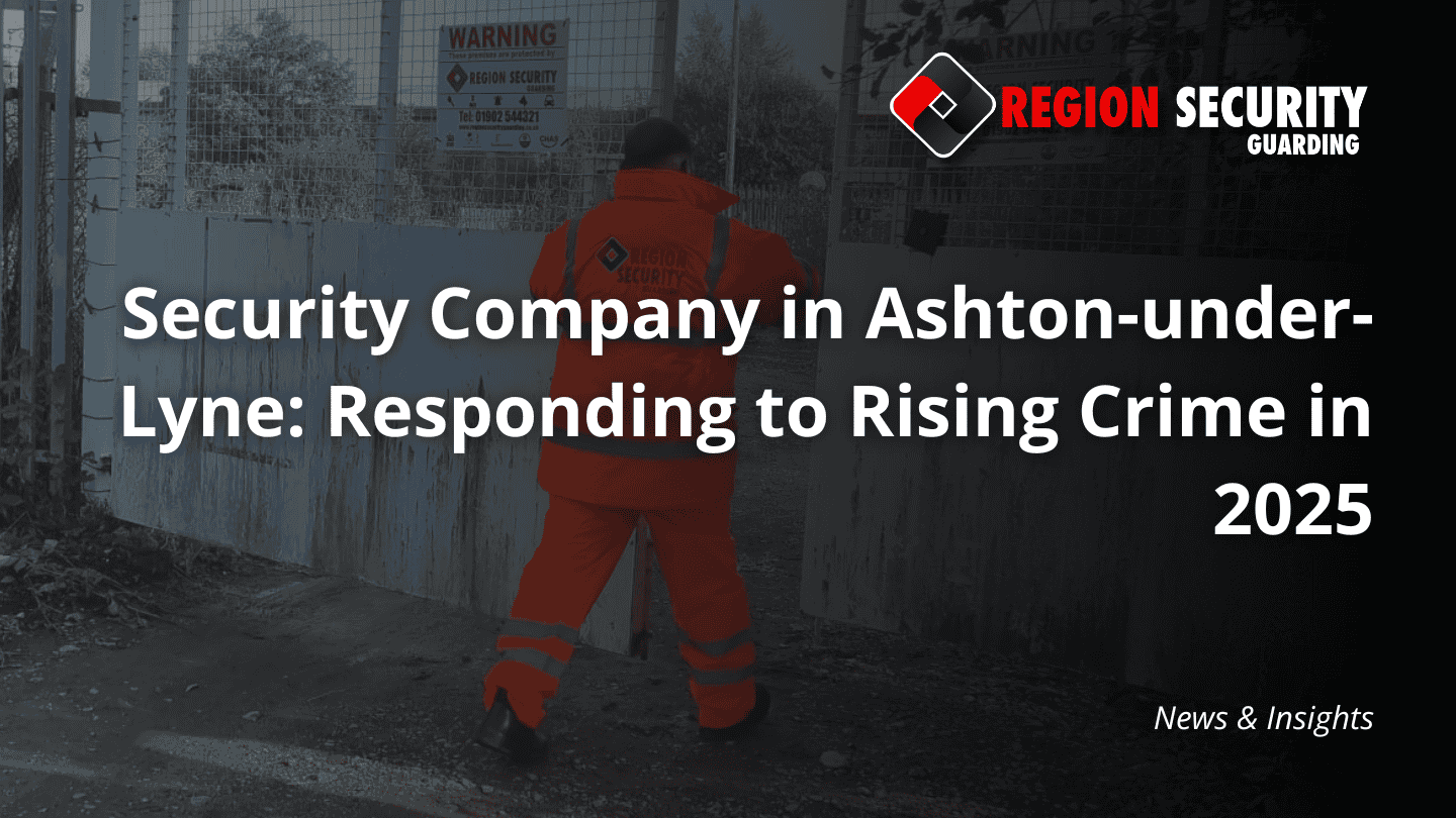 A professional from a security company in Ashton-under-Lyne is shown from behind, closing a metal gate at a commercial site.