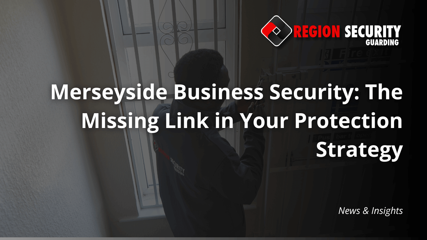 A professional guard providing Merseyside business security is shown performing a lock-up check on a commercial property