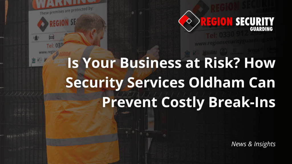 A professional security guard is shown securing a gate, representing the hands-on protection provided by security services Oldham