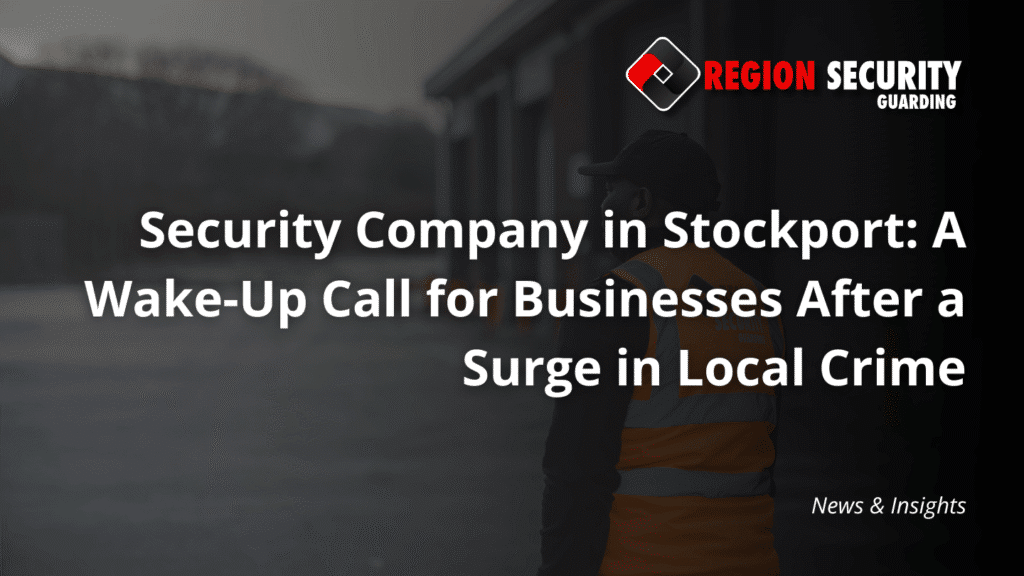 A security guard, representing a security company in Stockport, stands by a building, wearing a hi-vis vest
