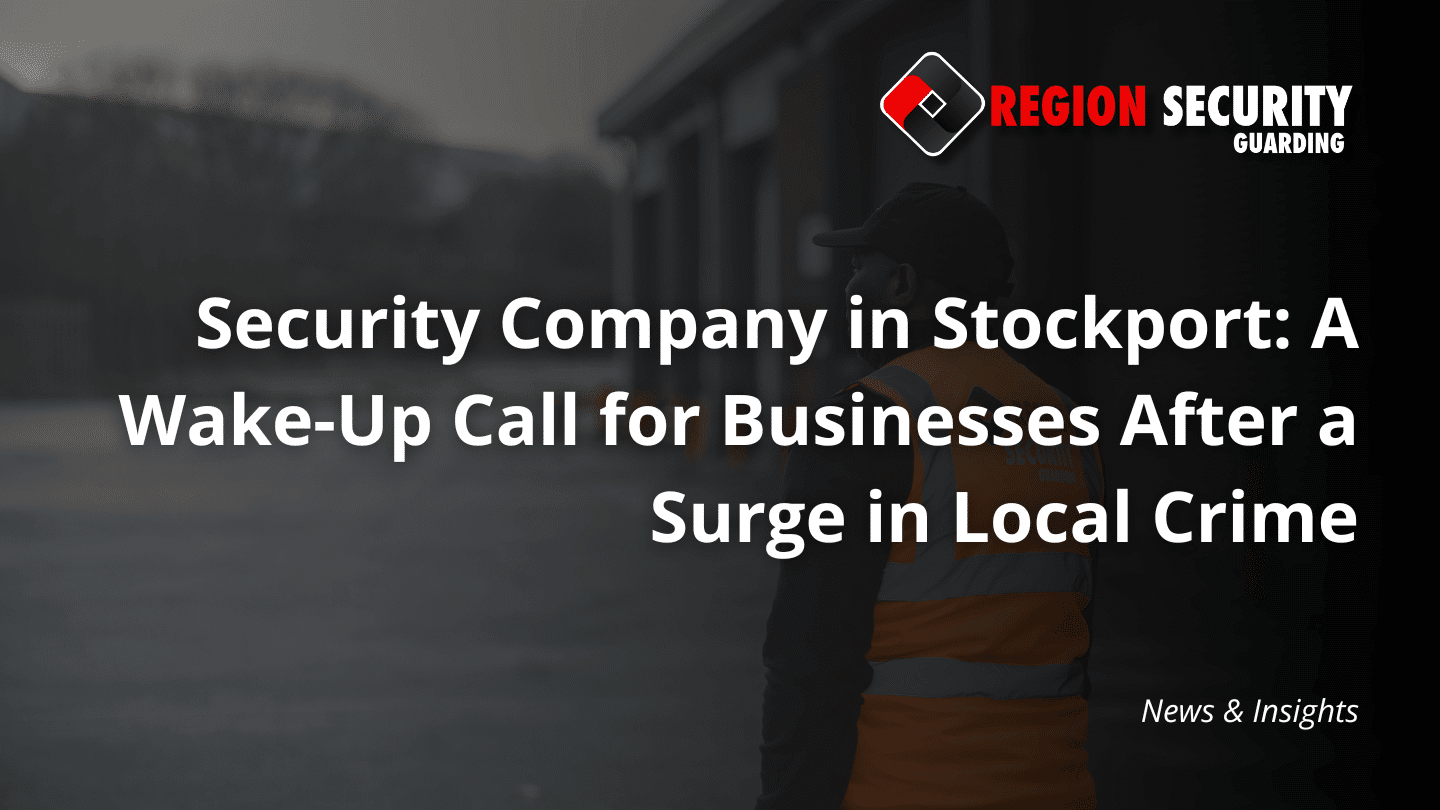 A security guard, representing a security company in Stockport, stands by a building, wearing a hi-vis vest