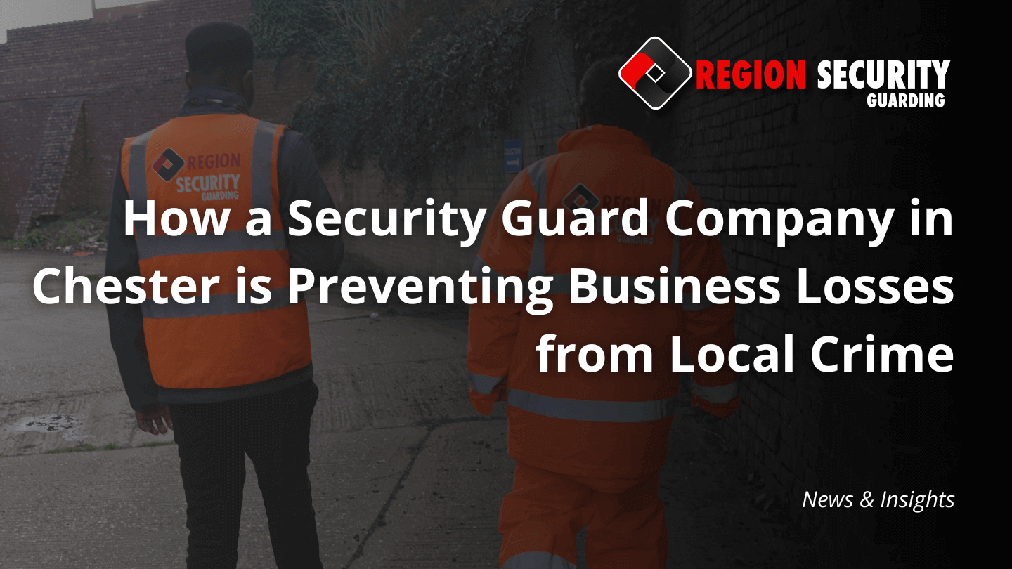 Two guards from a security guard company in Chester are shown on patrol outside a commercial building.