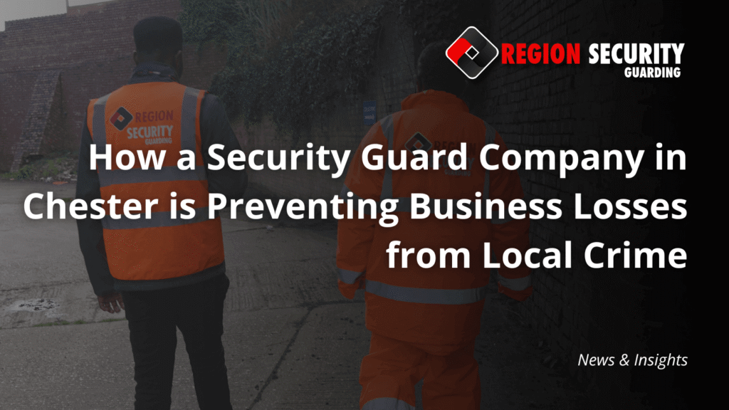 Two guards from a security guard company in Chester are shown on patrol outside a commercial building.