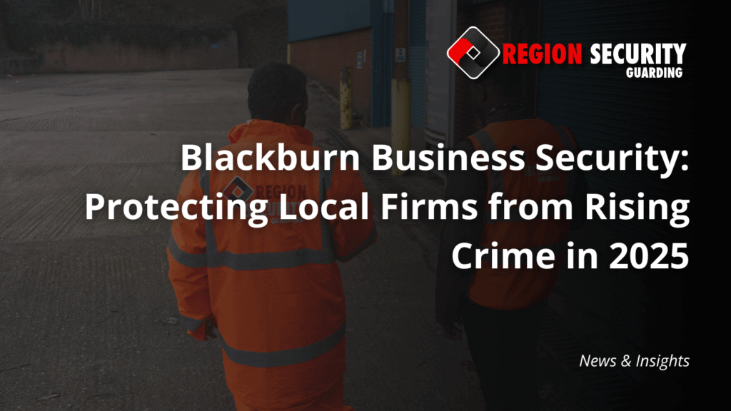 Two security guards in orange jackets are on patrol in an industrial area, providing professional Blackburn business security for theft prevention