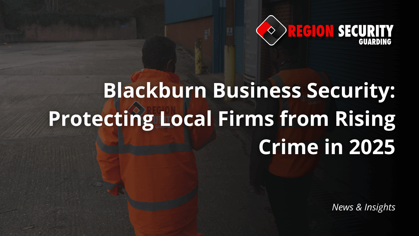 Two security guards in orange jackets are on patrol in an industrial area, providing professional Blackburn business security for theft prevention
