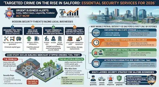 Security Services Salford infographic showing rising commercial crime, mobile patrol security, retail theft risks, and business protection solutions across Salford in 2026