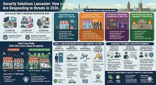 Security Solutions Lancaster infographic covering retail security, CCTV monitoring, mobile patrols, and SIA licensed security services
