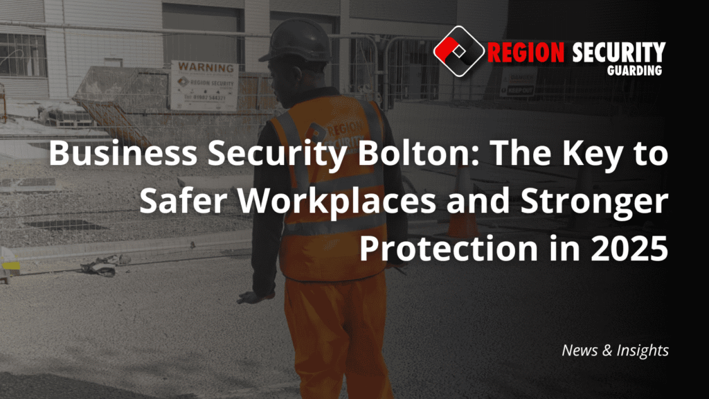 A professional business security Bolton guard stands on a construction site, with a warning sign visible in the background.