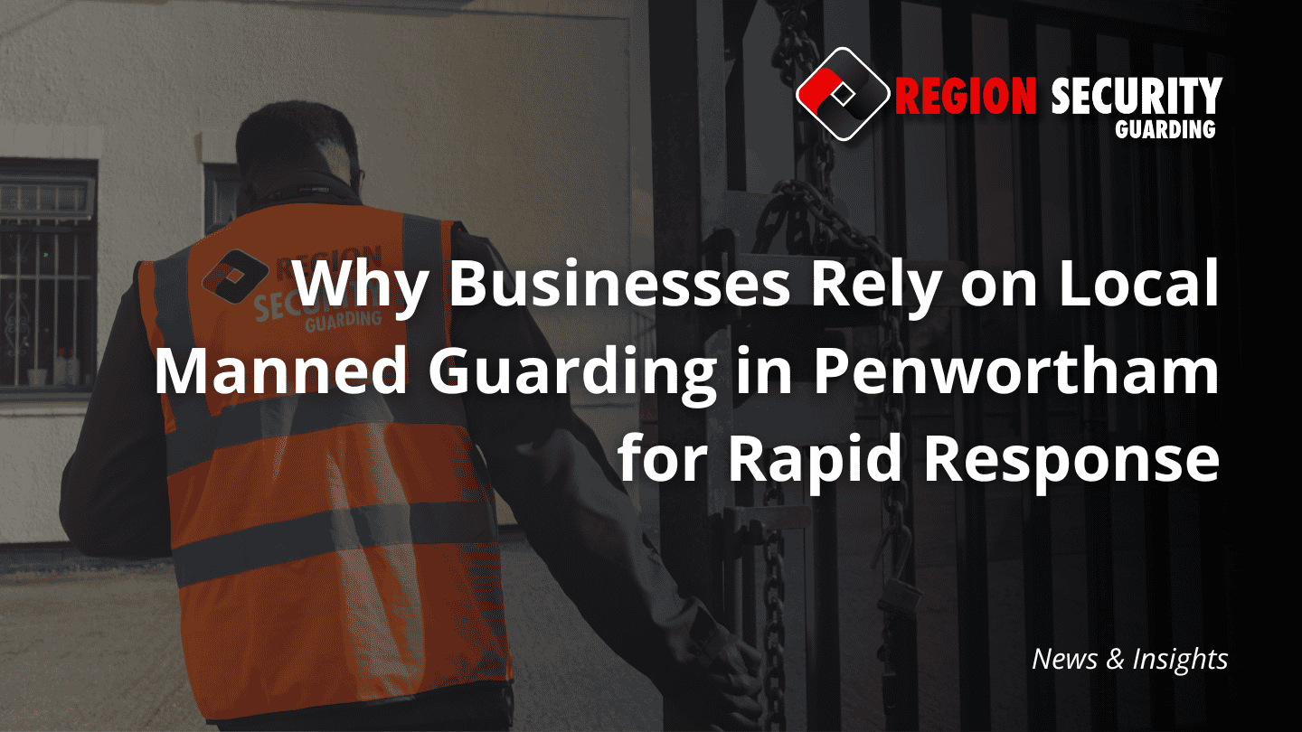 A professional guard in uniform, representing local manned guarding in Penwortham, performing duties at a business entrance.