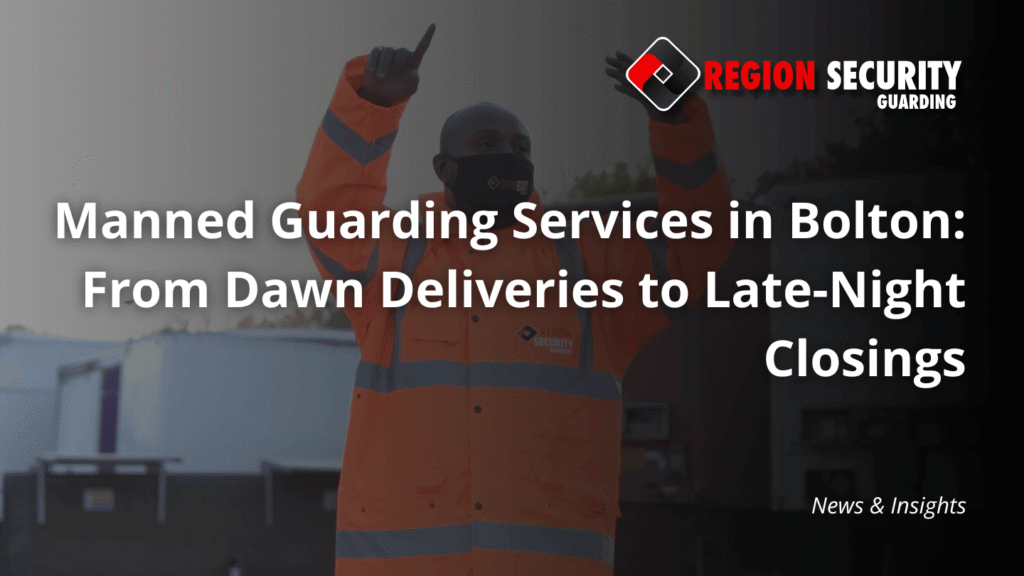 A professional security guard in a hi-vis jacket, possibly guiding a delivery or managing access control, representing manned guarding services in Bolton.