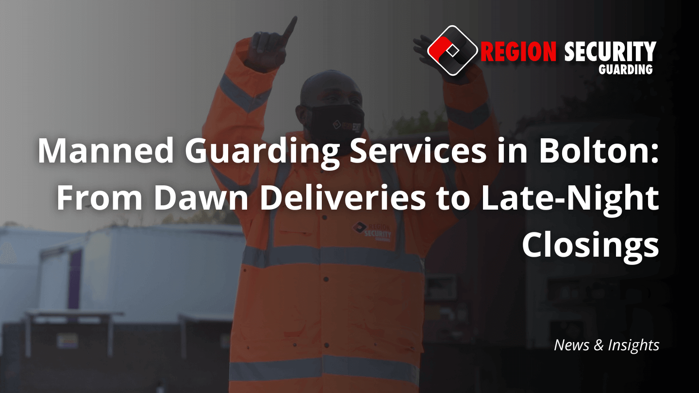 A professional security guard in a hi-vis jacket, possibly guiding a delivery or managing access control, representing manned guarding services in Bolton.