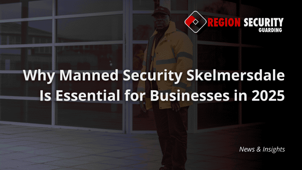 A professional security guard is shown standing guard outside a corporate building, emphasising the active presence of manned security Skelmersdale.