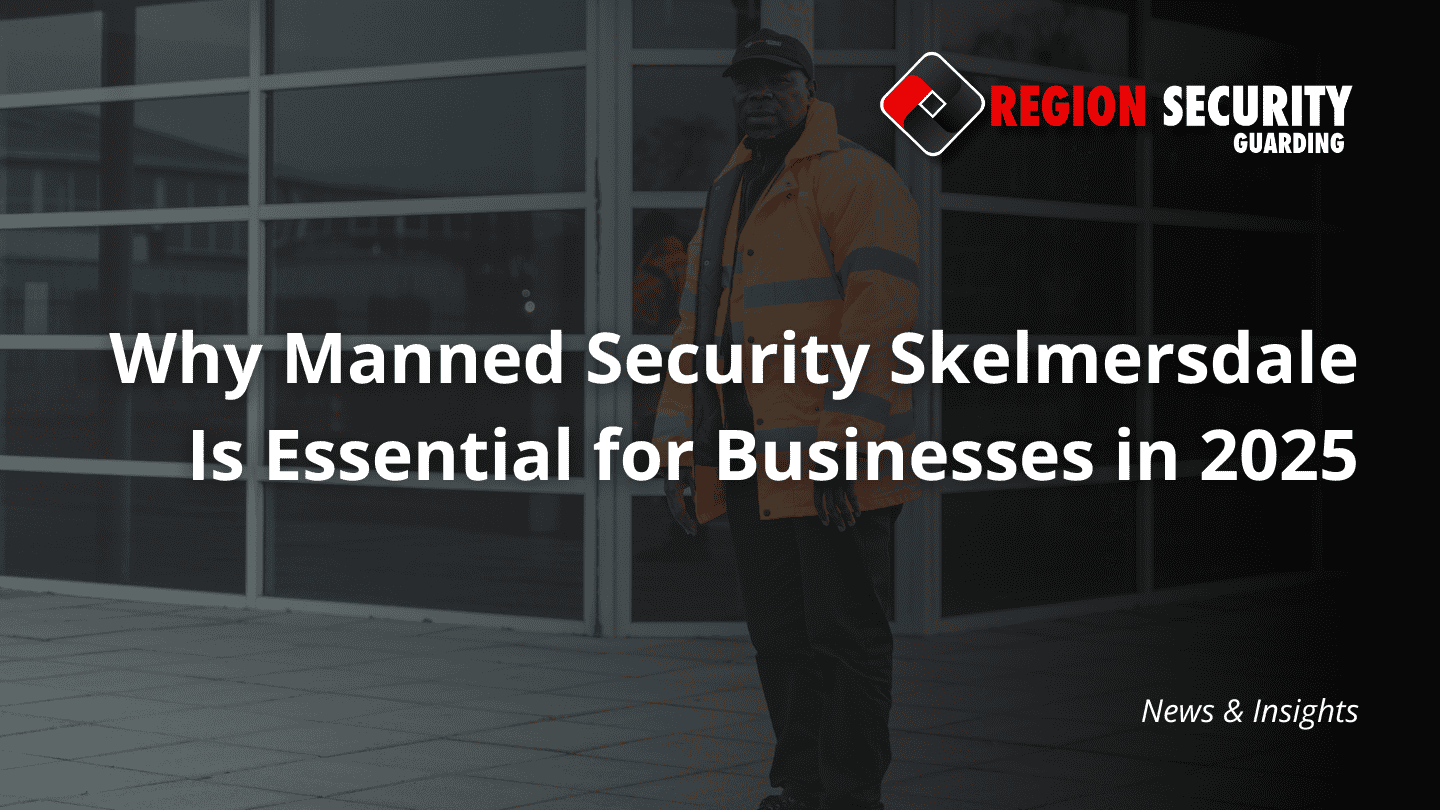 A professional security guard is shown standing guard outside a corporate building, emphasising the active presence of manned security Skelmersdale.