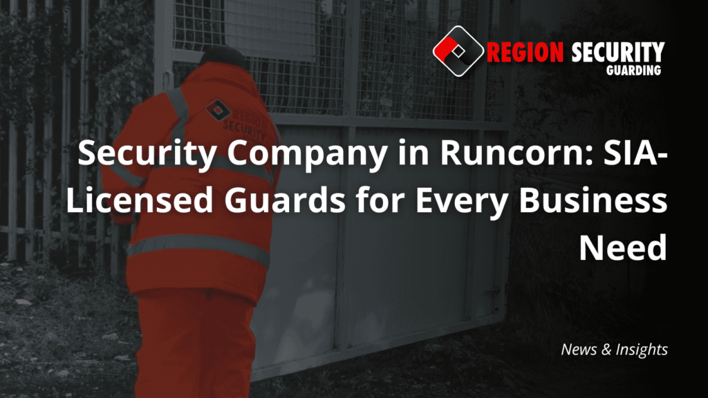 A security guard, identified by a jacket from a security company in Runcorn, is shown providing on-site protection near a gate.