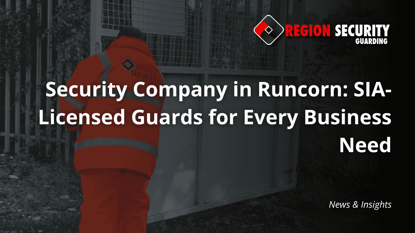 A security guard, identified by a jacket from a security company in Runcorn, is shown providing on-site protection near a gate.