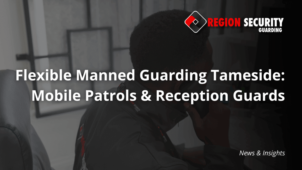 A security guard is on a phone call in a reception area, demonstrating flexible manned guarding Tameside services.